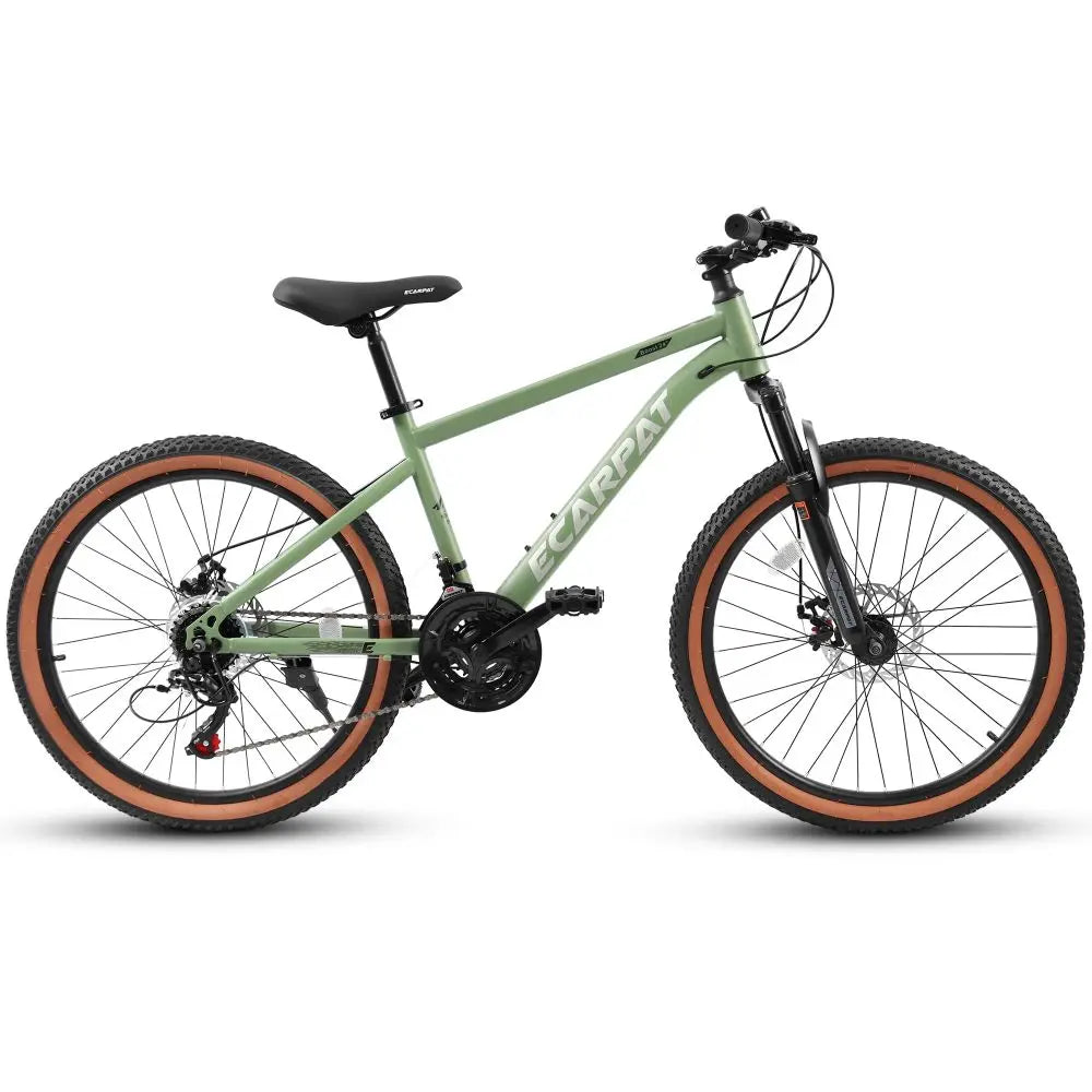 24 Inch Mountain Bike for Teenagers High Carbon Steel Frame Disc Brakes Durable Design Brown Edge Tires Ideal School Commuting