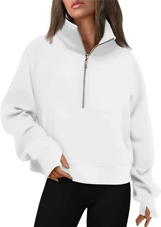 New Women All Season Stand Collar Fleece Hoodie Long Sleeve Pocket Loose Fit Half Zip Pullover Solid Color
