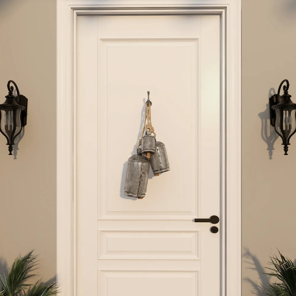 Rustic Metal Tibetan Inspired Decorative Hanging Bell Chime Set of 3 Indoor Outdoor Meditation Bells with Jute Rope