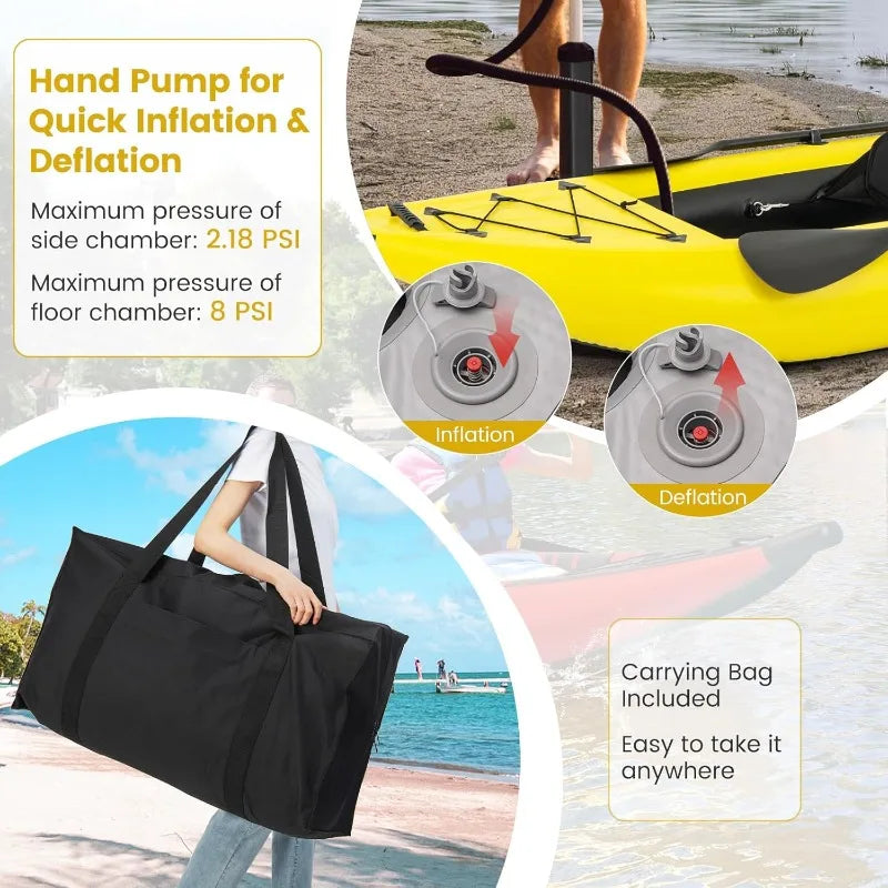 GYMAX Inflatable Tandem Kayak 12.5 Ft 507 Lb Capacity With 2 Aluminum Paddles 2 Padded Seats Footrests Carry Bag
