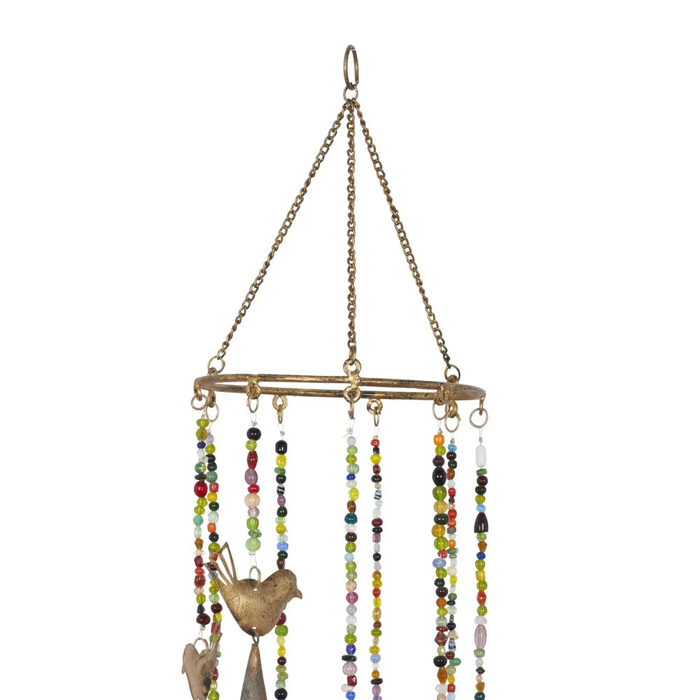 Gold Metal Bird Wind Chime with Glass Beads Cone Bells Indoor Décor Whimsical Musical Art Home Relaxation Gift Unique Design