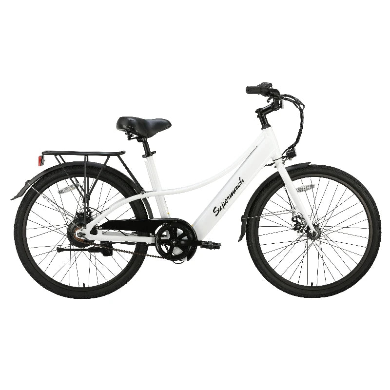 Supermach 26-in E-bike with Full Suspension, 500W Motor, Double Clip Brake, Step Through,