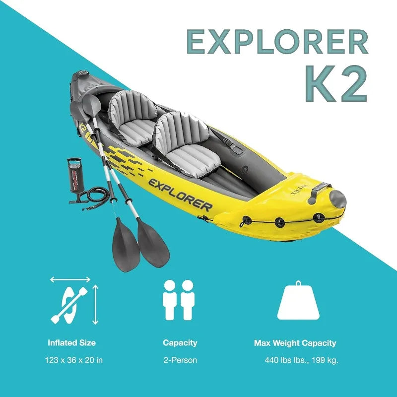 Intex Explorer K2 Inflatable Kayak Set For Two With 86 Inch Kayak Paddles And High Output Pump Removable Skeg 2 Pack
