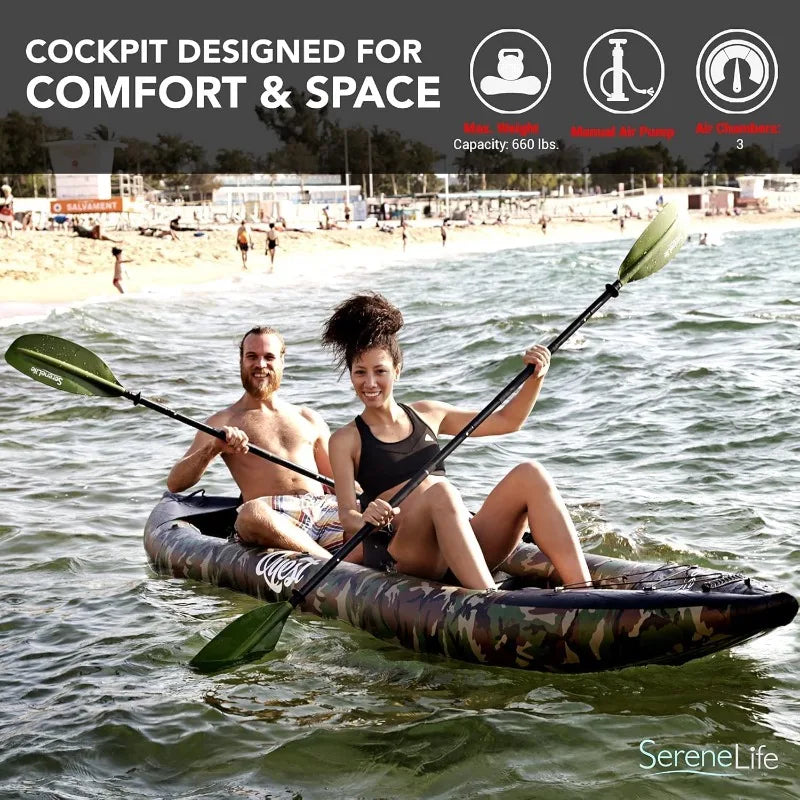 Two Person Kayak Durable PVC Fishing Kayak With Aluminum Paddles High Output Pump And Repair Kit Bag Included
