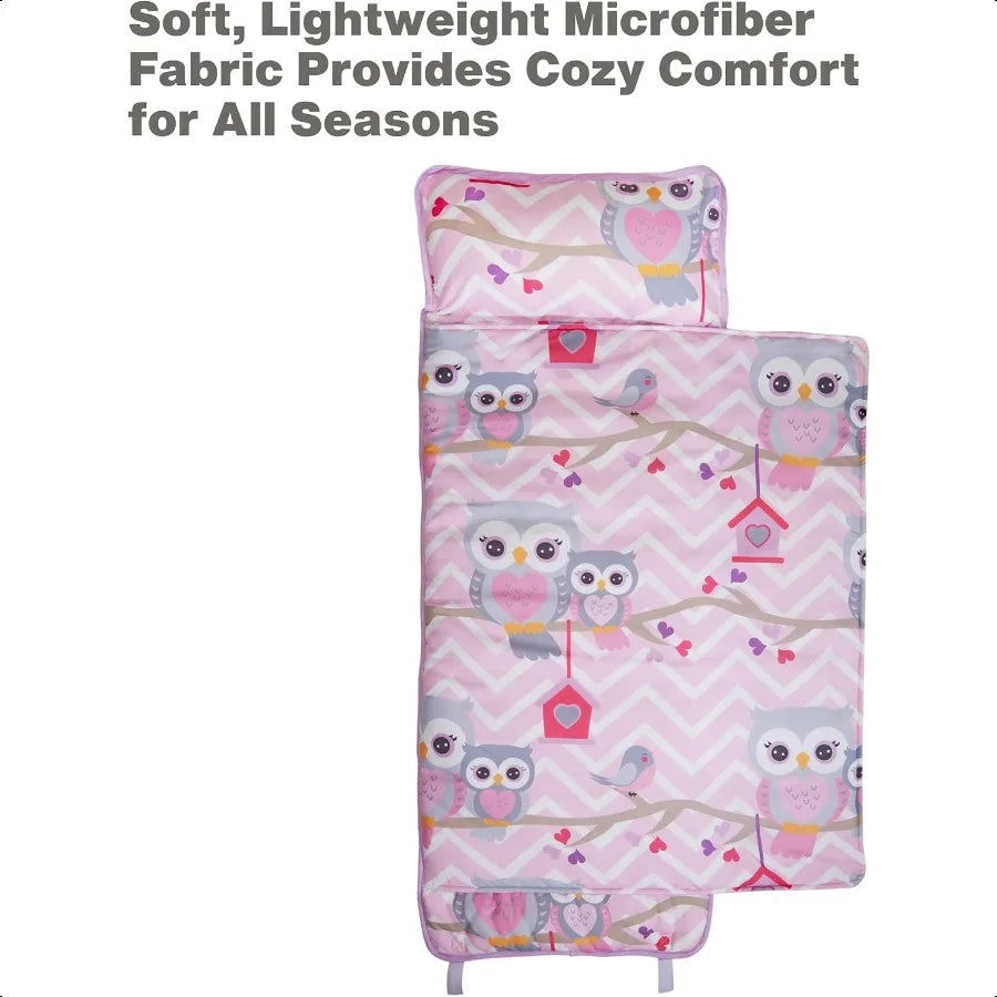 Nap Mat with Removable Pillow Sweet Owls Carry Handle with Straps Closure Rollup Design Soft for Preschool Daycare Travel Sleep