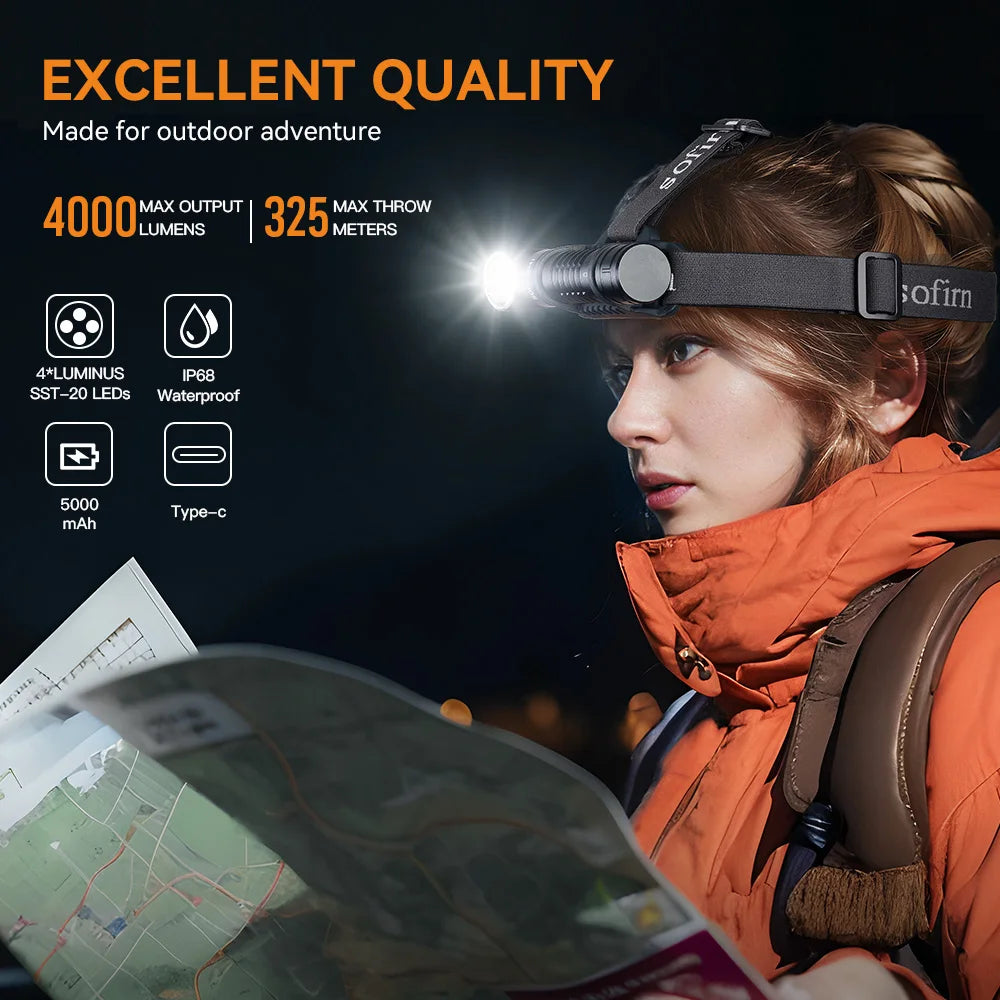 Sofirn HS41 Headlamp 4000 Lumen USB C Rechargeable Light