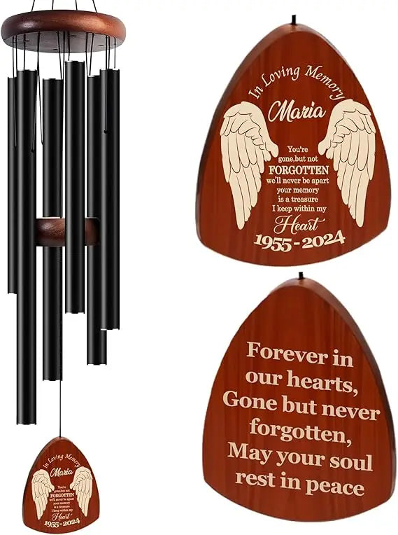 custom engraved wooden wind chimes for memorial, deep tone outdoor tribute