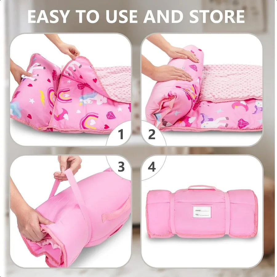 Toddler Nap Mat with Removable Pillow and Fleece Blanket Extra Large 55''x35'' Sleeping Bag Washable Light Easy to Roll up Perf