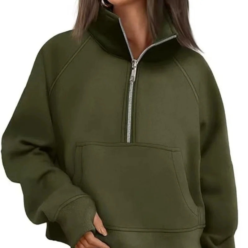 New Women All Season Stand Collar Fleece Hoodie Long Sleeve Pocket Loose Fit Half Zip Pullover Solid Color