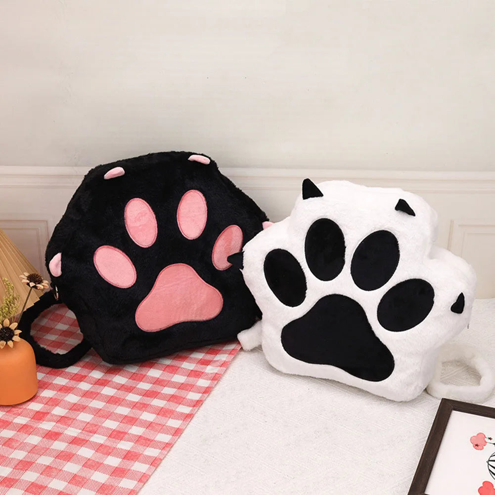 Cute Cat Paw Plush Backpack With Adjustable Straps Cartoon School Bag For Women And Girls