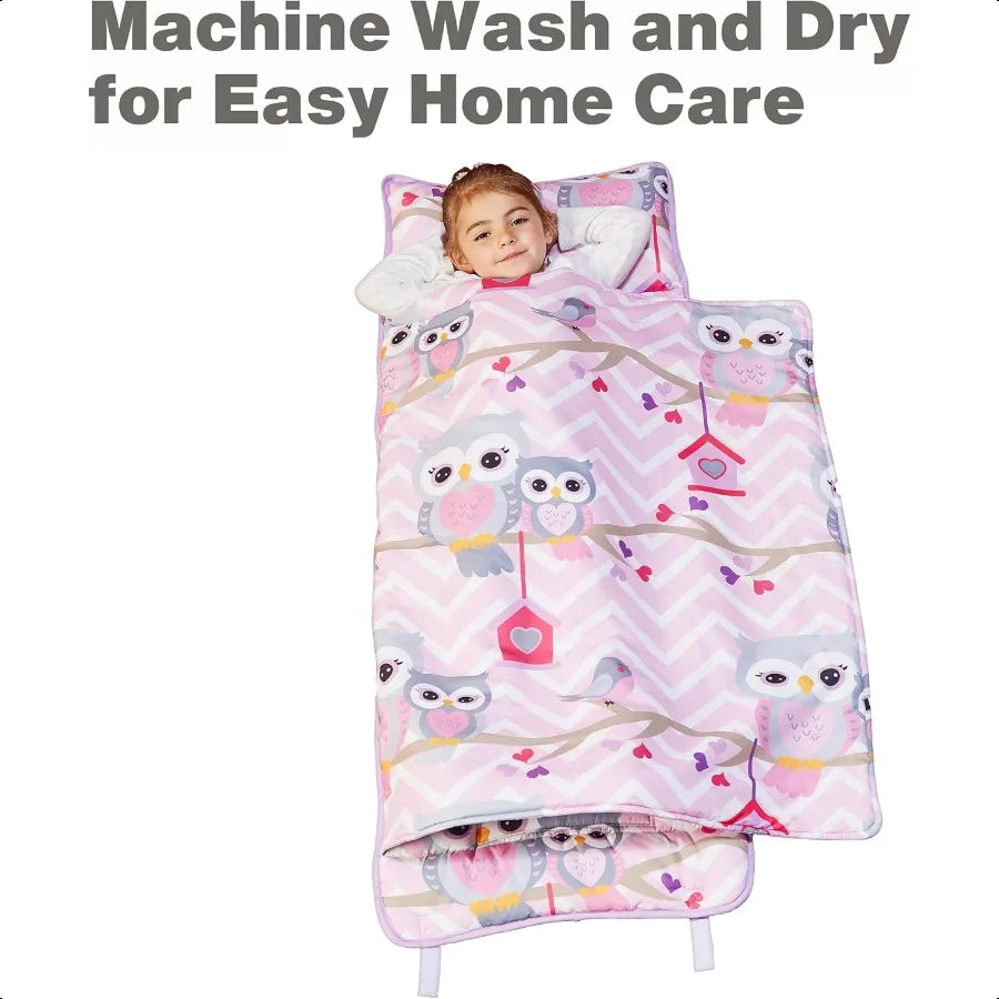 Nap Mat with Removable Pillow Sweet Owls Carry Handle with Straps Closure Rollup Design Soft for Preschool Daycare Travel Sleep