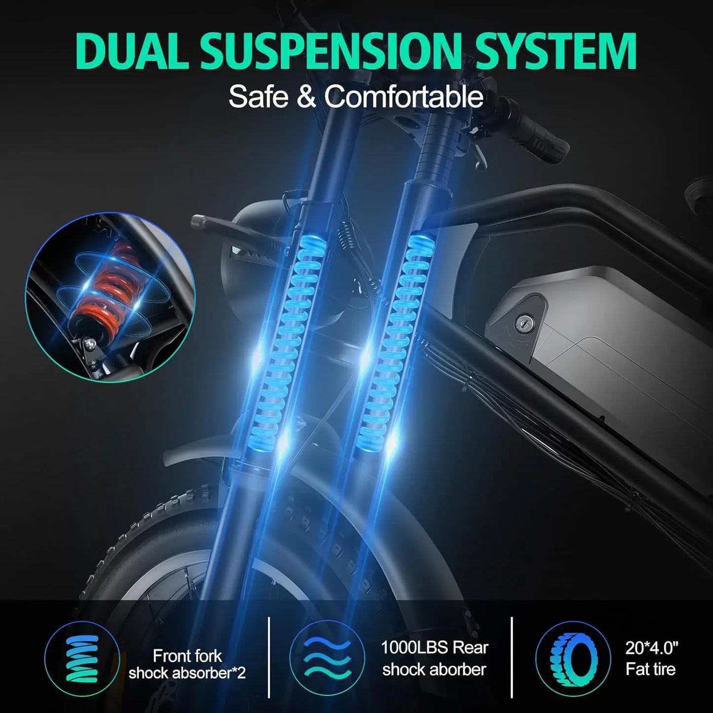 48V 1000W 28mph Electric Bicycle 24miles 15ah Removable Battery 3 modes Electric Bike 20 inch Fat Tire Mountain Off-road E-bike