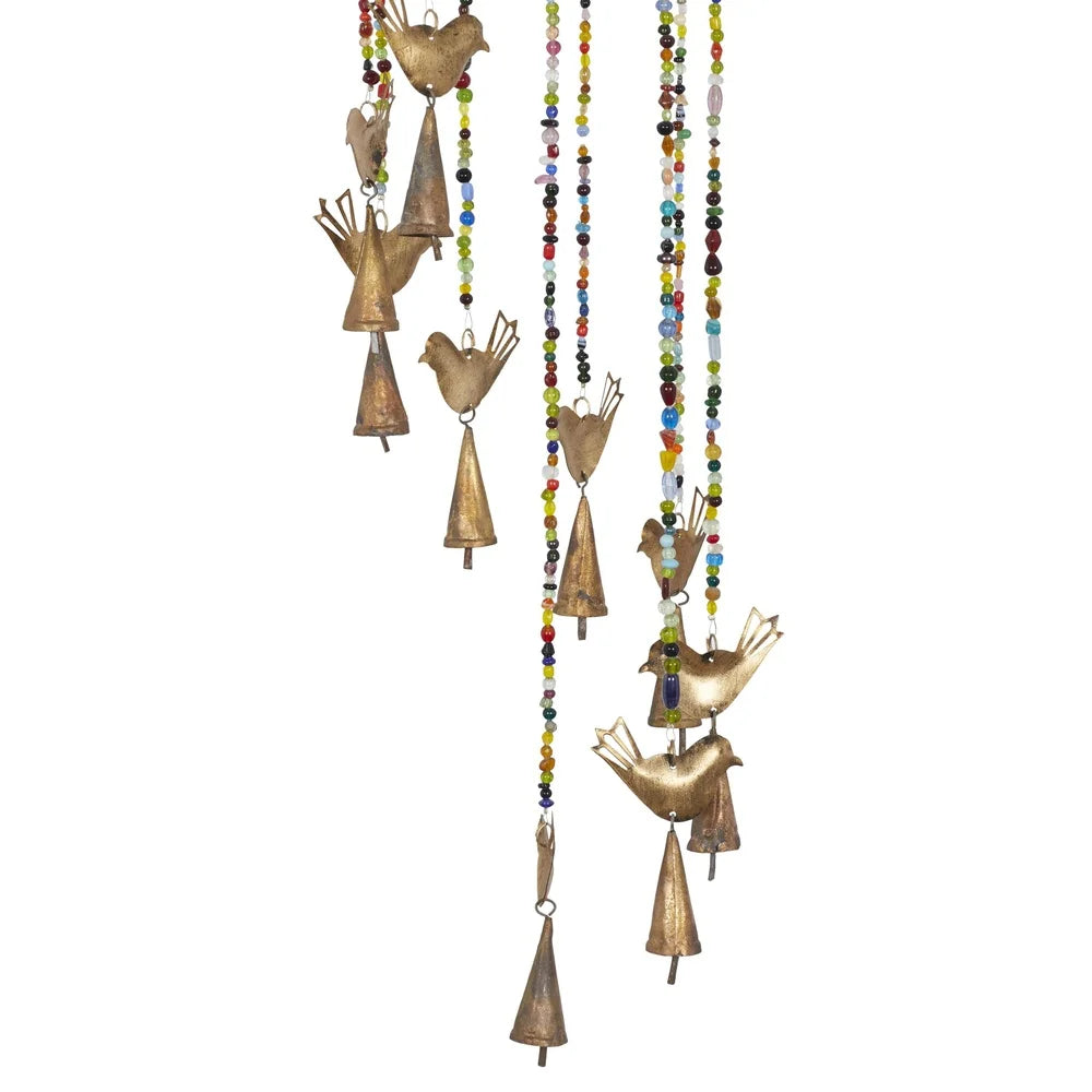 Gold Metal Bird Wind Chime with Glass Beads Cone Bells Indoor Décor Whimsical Musical Art Home Relaxation Gift Unique Design
