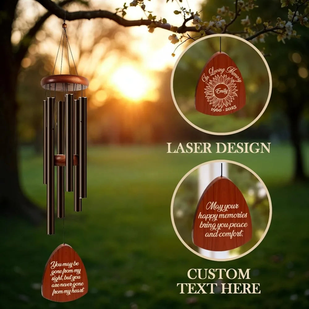 custom engraved wooden wind chimes for memorial, deep tone outdoor tribute