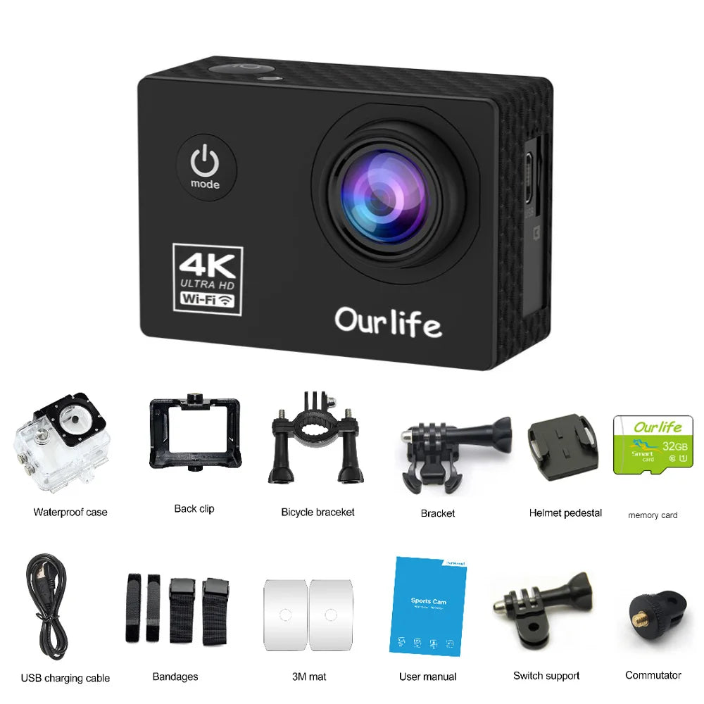 OURLIFE Action Camera Ultra HD 4K 30FPS 16MP Waterproof