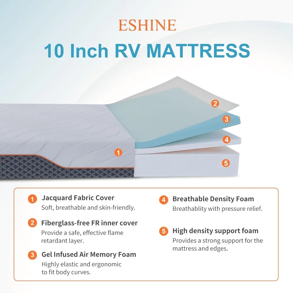 RV Mattress - 10" Memory Foam RV Mattress, Shock-Absorbing and Pressure-Relieving, for RVs, Campers & Trailers