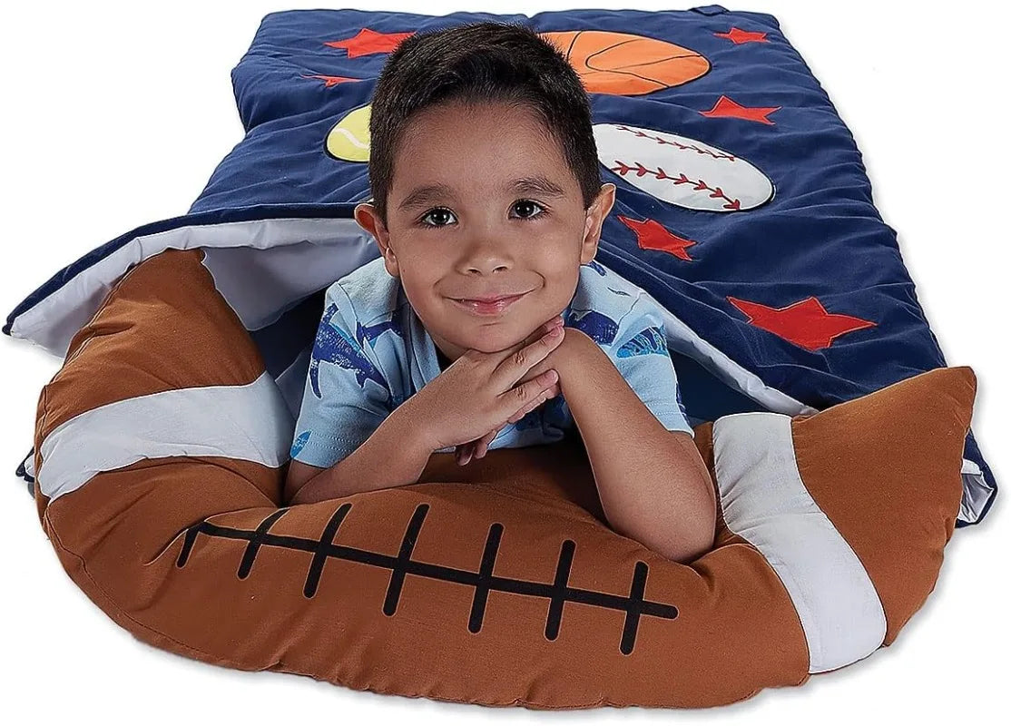 Lillian Vernon Kids Sports Print Personalized Lightweight Indoor Sleeping Bag with Detachable Pillow,
