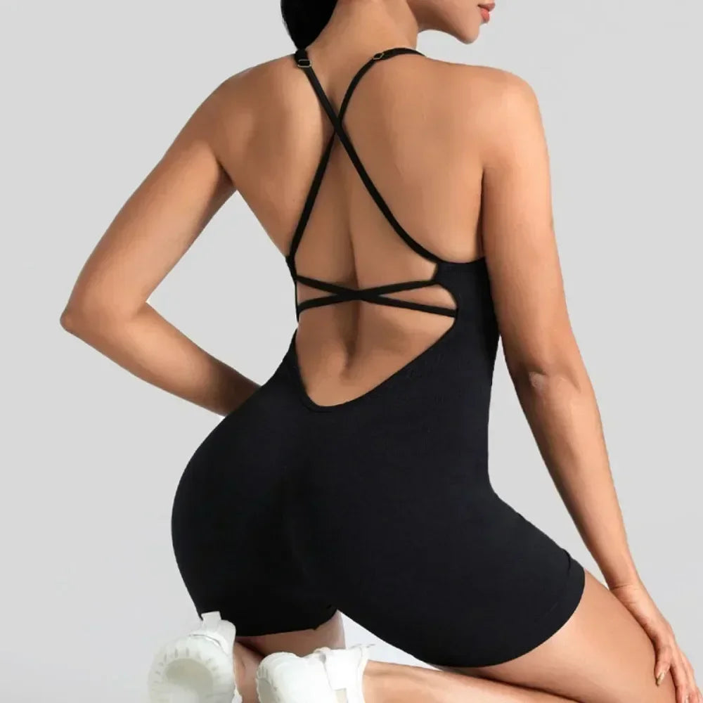 One Piece Cross Adjustable Backless Fitness Jumpsuit For Women Scrunch Shorts Yoga Gym Playsuit Romper