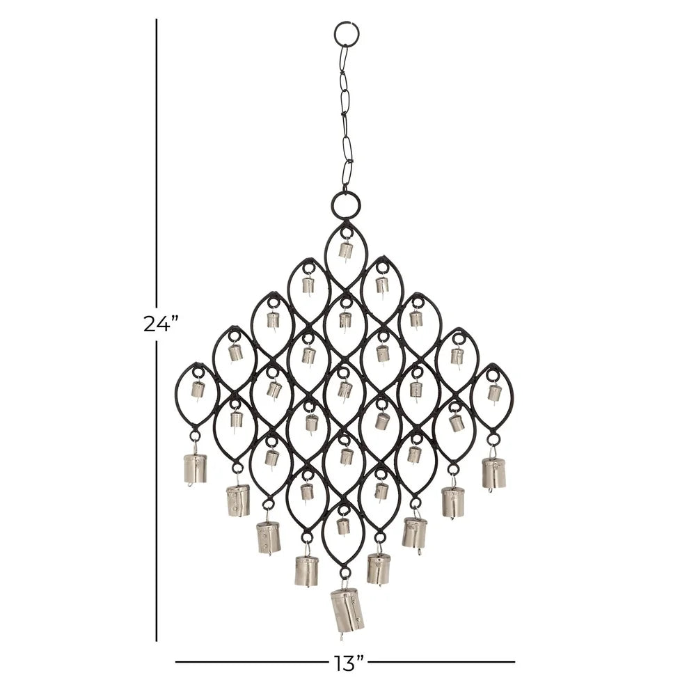 24 Inch Black Metal Windchime with Bells Chain Hanger Indoor Decor Gift Eclectic Style Candelabra Inspired Design Home Accent