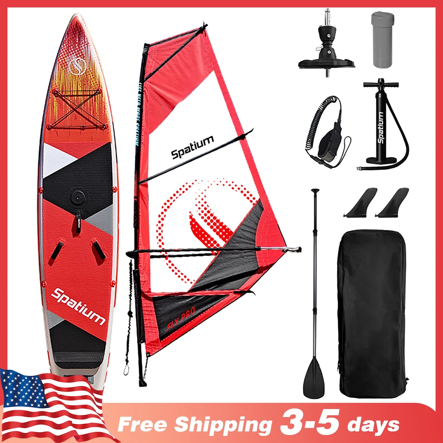 Spatium Inflatable Windsurfing Board and Sail Windsurf Board Sup Windsurf Paddle Board for Adults Windsurf Sail Red