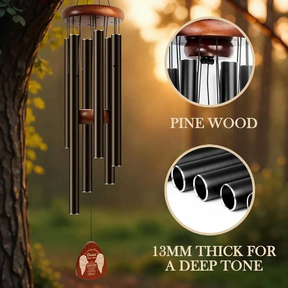 custom engraved wooden wind chimes for memorial, deep tone outdoor tribute