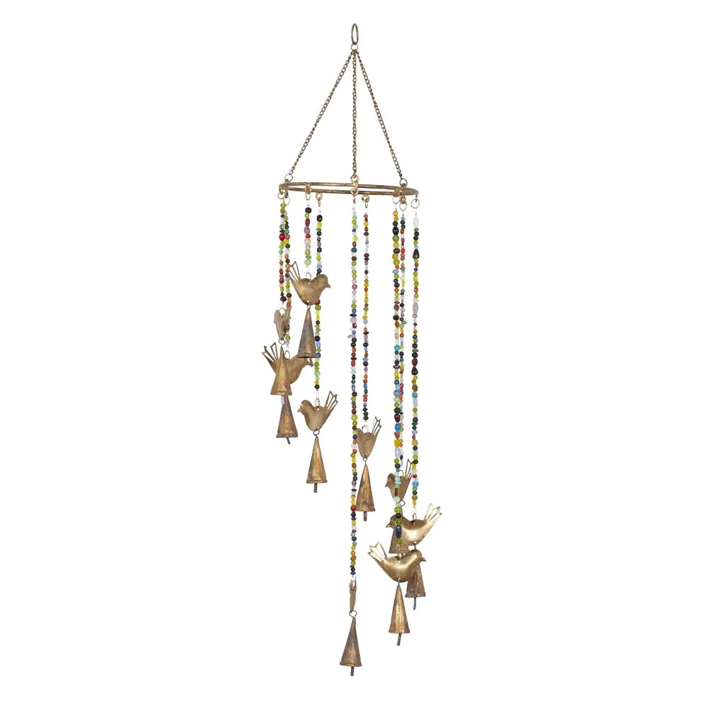 Gold Metal Bird Wind Chime with Glass Beads Cone Bells Indoor Décor Whimsical Musical Art Home Relaxation Gift Unique Design
