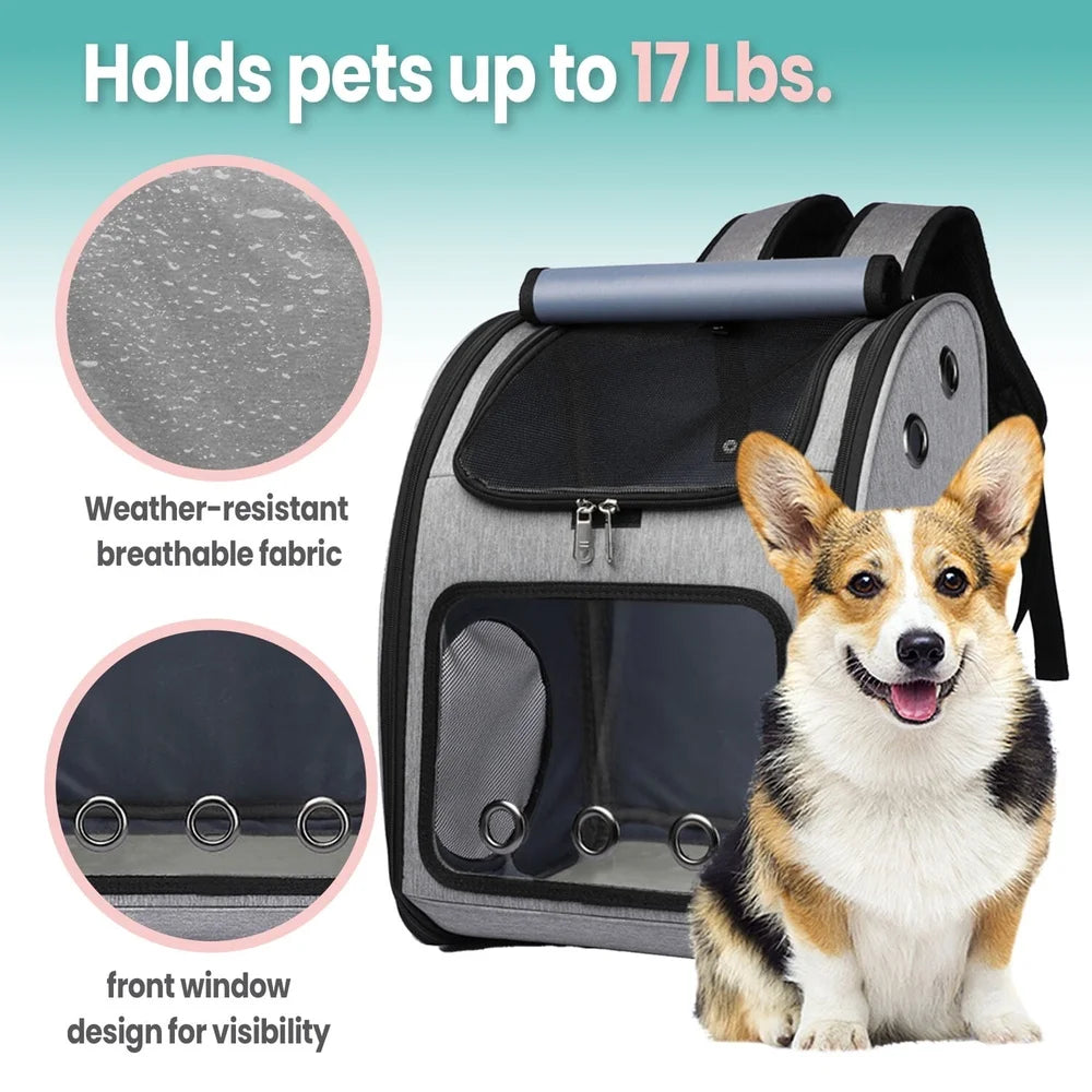 Pet Backpack Dogs And Cats Breathable Scratch Resistant Travel Bag With Safety Leash Mesh Windows And Comfort Straps