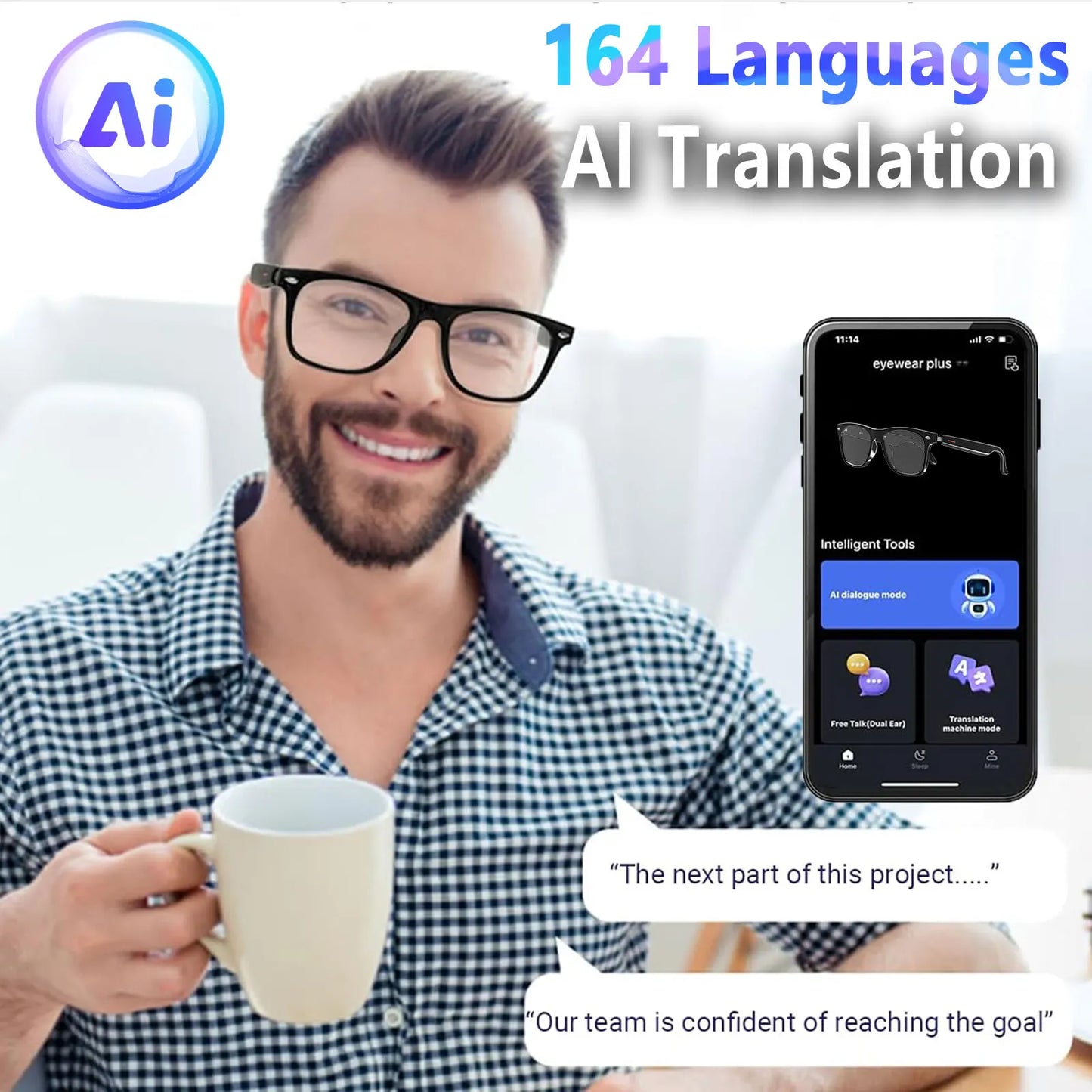 Giinova Smart AI Translation Glasses With Anti Blue Light Lenses Real Time Translation 164 Languages Bluetooth