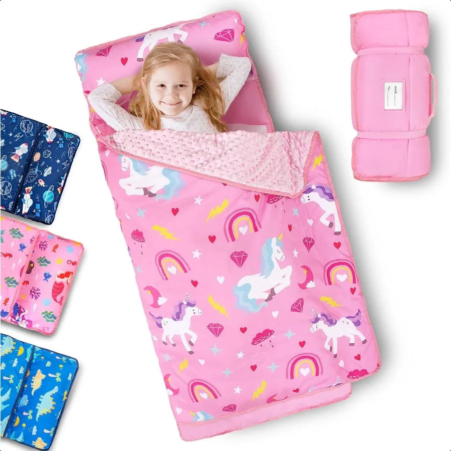 Toddler Nap Mat with Removable Pillow and Fleece Blanket Extra Large 55''x35'' Sleeping Bag Washable Light Easy to Roll up Perf