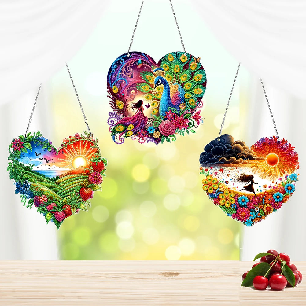 Sunrise Peacock Girl 5D DIY Diamond Painting Dots Pendant DIY Diamond Art Pendant Kit Diamond Painting Ornaments for Wall Window