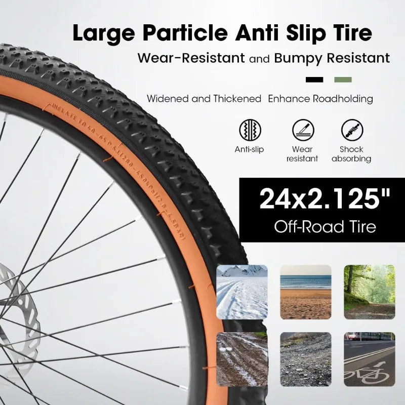 24 Inch Mountain Bike for Teenagers High Carbon Steel Frame Disc Brakes Durable Design Brown Edge Tires Ideal School Commuting