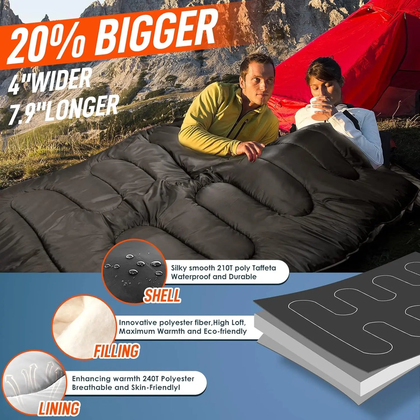 Double Sleeping Bag for Adults Mens with Pillow, XL Queen Size Two Person Sleeping Bag for All Season Camping Hiking