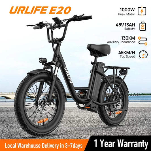 URLIFE 1000W E20 Electric Bike | 48V 13Ah Removable Battery, 20MPH, 20''X3" Fat Tire, 7-Speed E-Bike with Dual Disc Brake