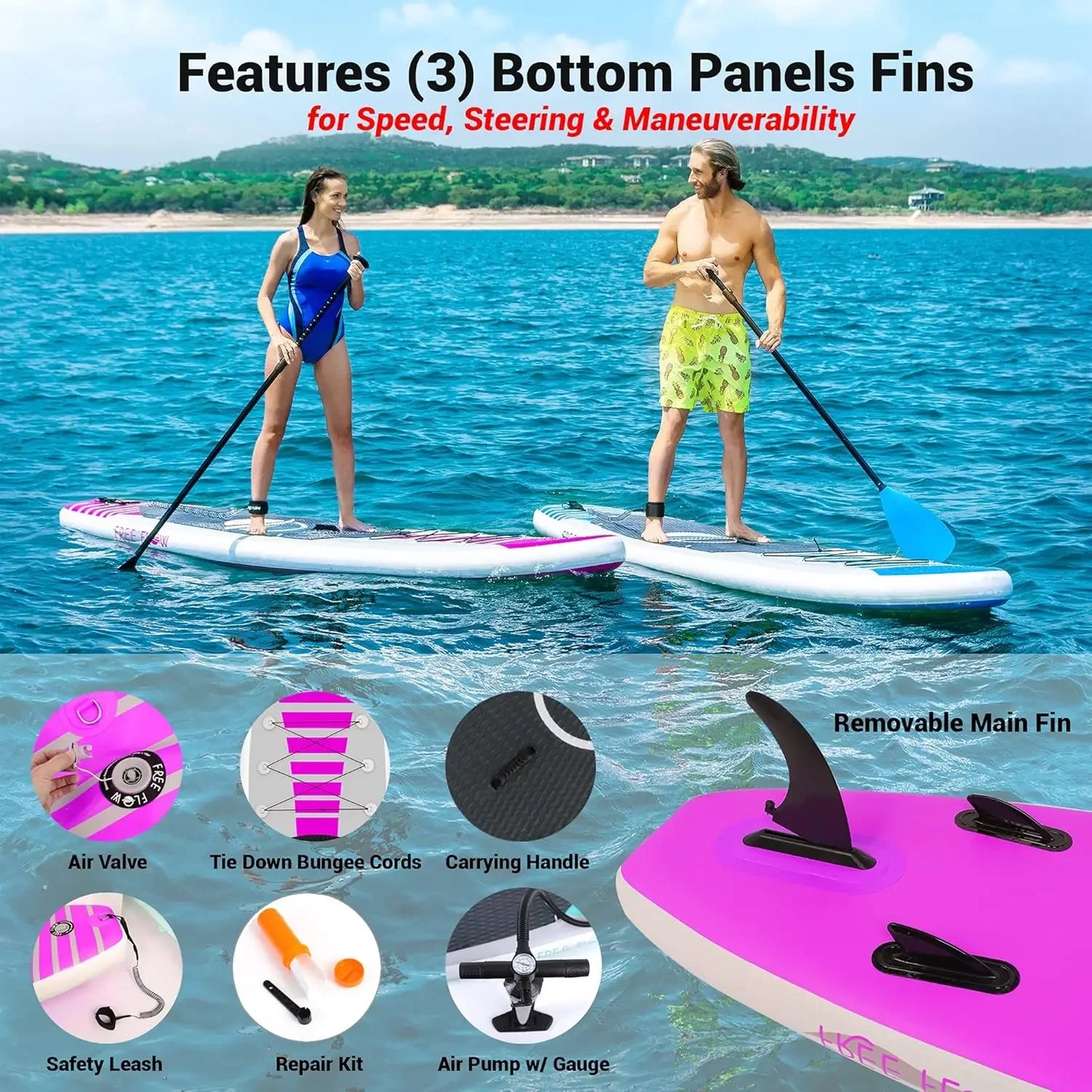 SereneLife Inflatable Stand up Paddle Board - Non-Slip SUP with Paddle, Pump, Leash, and Complete Accessories