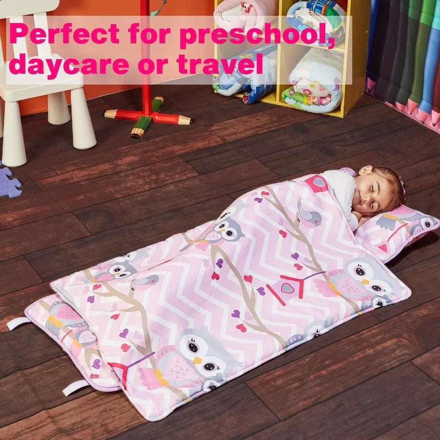 Nap Mat with Removable Pillow Sweet Owls Carry Handle with Straps Closure Rollup Design Soft for Preschool Daycare Travel Sleep