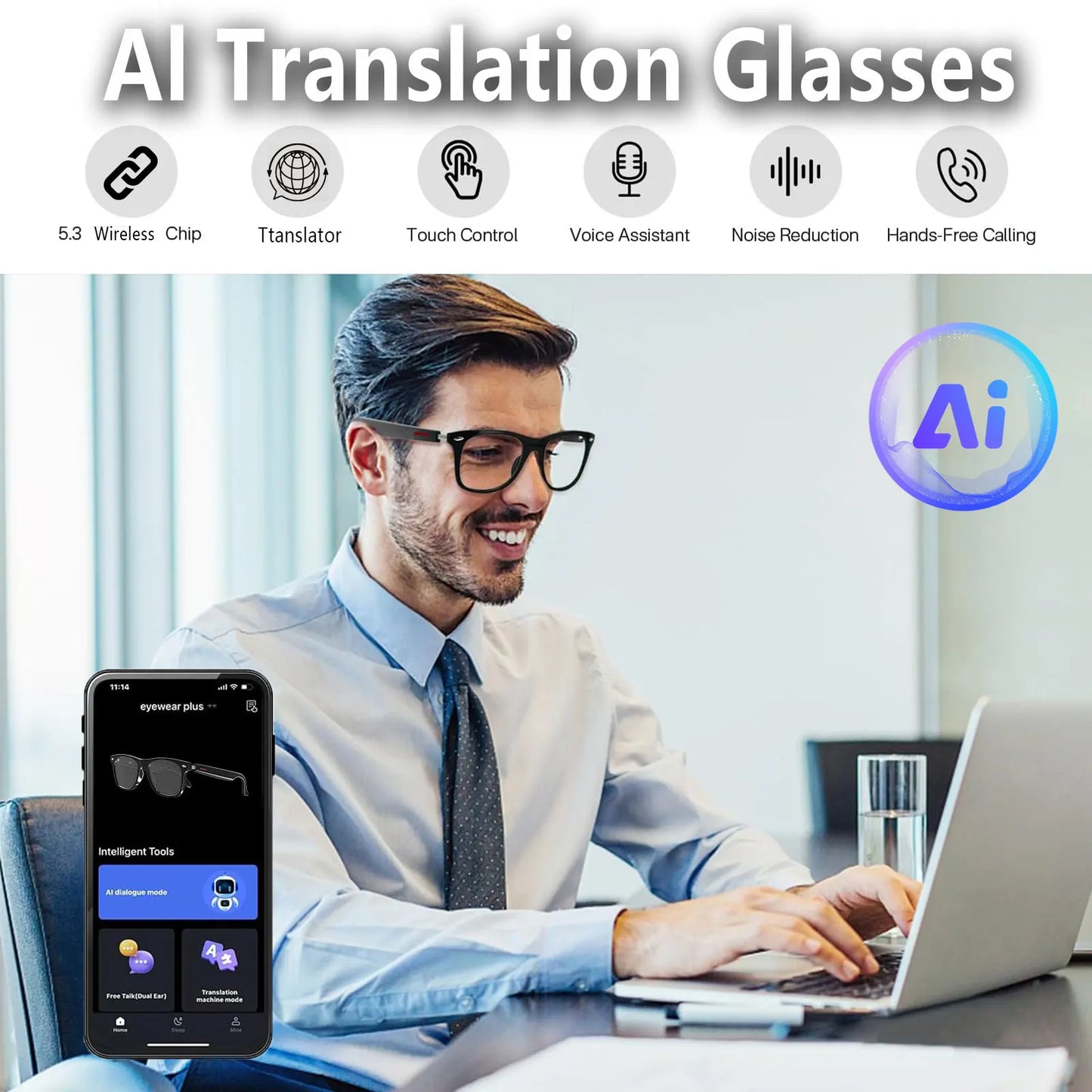 Giinova Smart AI Translation Glasses With Anti Blue Light Lenses Real Time Translation 164 Languages Bluetooth