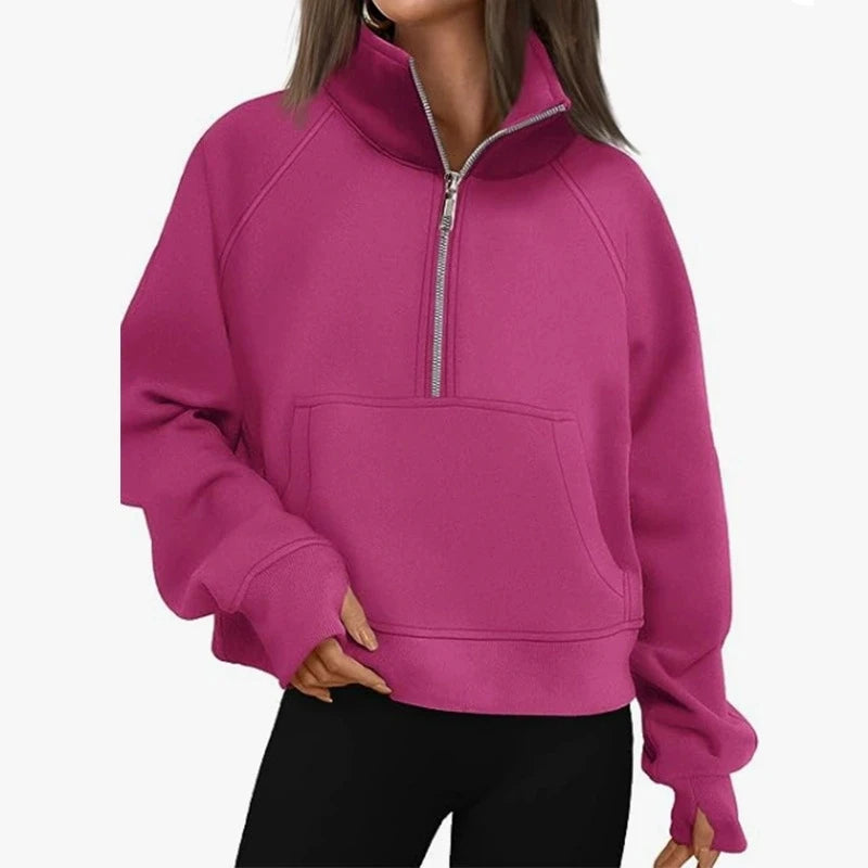 New Women All Season Stand Collar Fleece Hoodie Long Sleeve Pocket Loose Fit Half Zip Pullover Solid Color