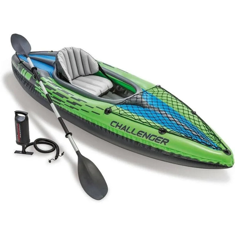 Intex Challenger K1 One Person Inflatable Kayak With Aluminum Oars And Hand Pump Green Blue