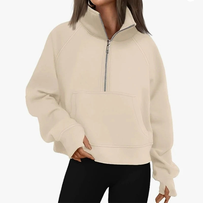 New Women All Season Stand Collar Fleece Hoodie Long Sleeve Pocket Loose Fit Half Zip Pullover Solid Color