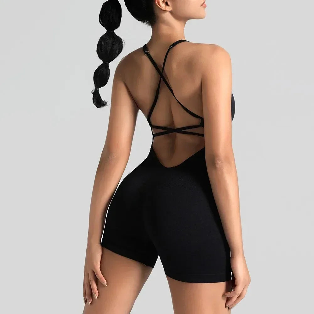 One Piece Cross Adjustable Backless Fitness Jumpsuit For Women Scrunch Shorts Yoga Gym Playsuit Romper
