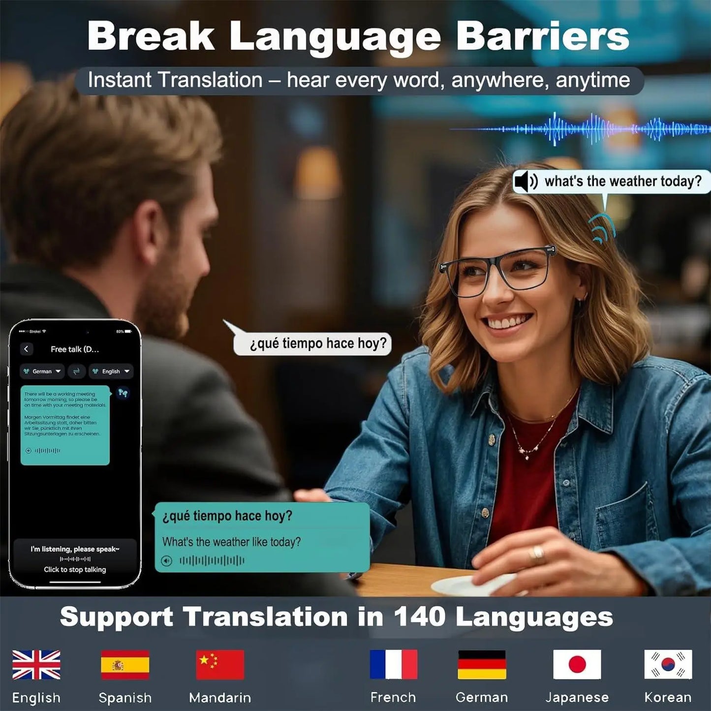 Giinova AI Translation Smart Glasses RealTime 160 Languages