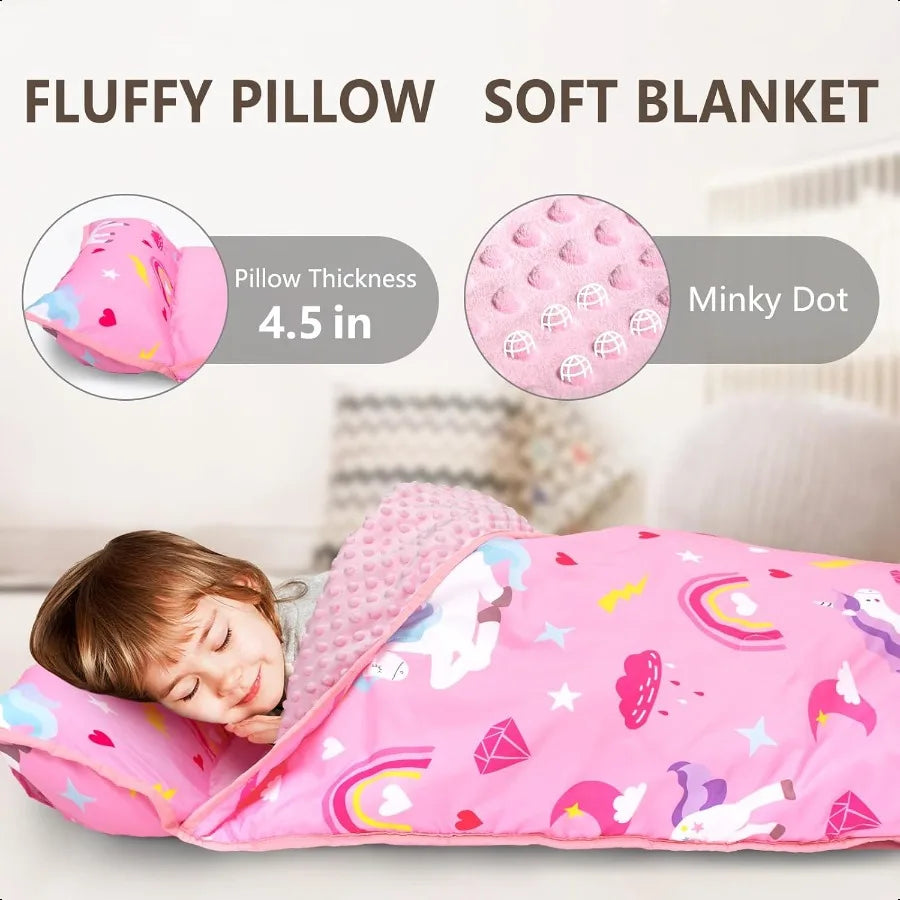 Toddler Nap Mat with Removable Pillow and Fleece Blanket Extra Large 55''x35'' Sleeping Bag Washable Light Easy to Roll up Perf