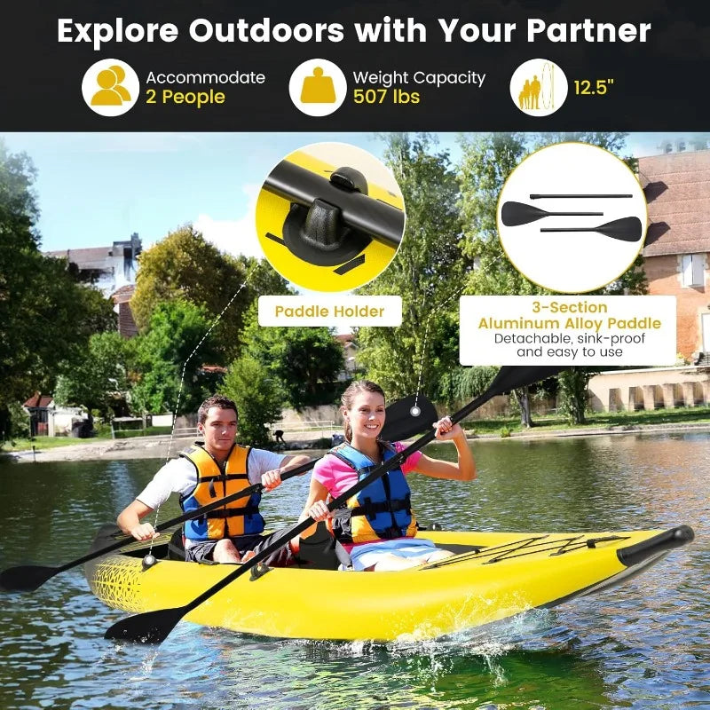 GYMAX Inflatable Tandem Kayak 12.5 Ft 507 Lb Capacity With 2 Aluminum Paddles 2 Padded Seats Footrests Carry Bag