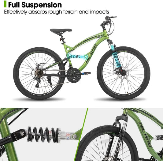 Full Suspension Mens Mountain Bike, 21 Speed, 26 Inch Wheel, Dual Disc Brake Bike for Men Womens Adult Bicycle