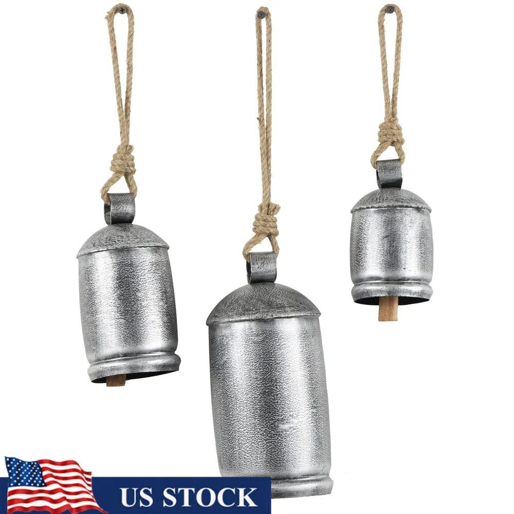 Rustic Metal Tibetan Inspired Decorative Hanging Bell Chime Set of 3 Indoor Outdoor Meditation Bells with Jute Rope