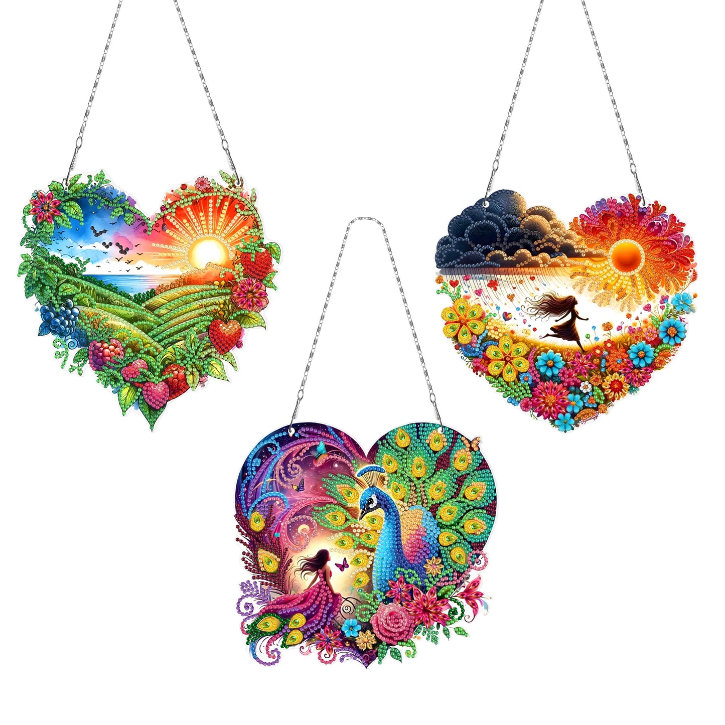 Sunrise Peacock Girl 5D DIY Diamond Painting Dots Pendant DIY Diamond Art Pendant Kit Diamond Painting Ornaments for Wall Window