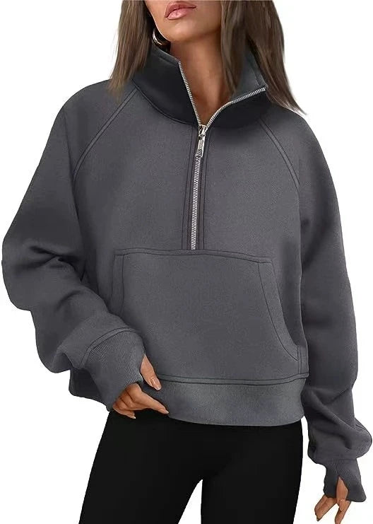 New Women All Season Stand Collar Fleece Hoodie Long Sleeve Pocket Loose Fit Half Zip Pullover Solid Color