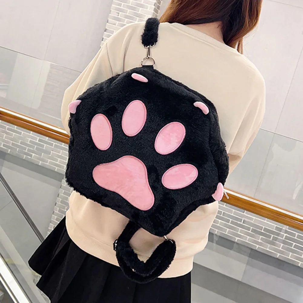 Cute Cat Paw Plush Backpack With Adjustable Straps Cartoon School Bag For Women And Girls