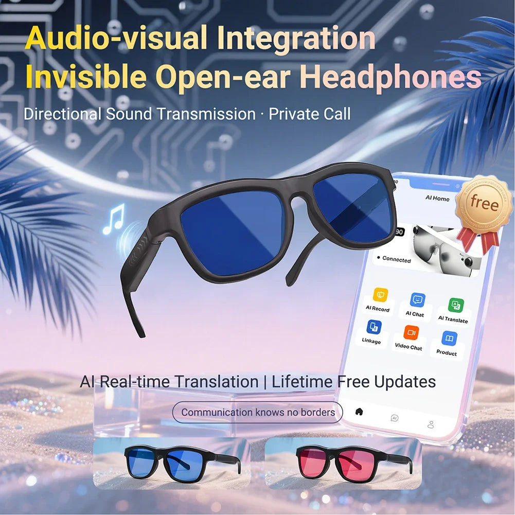 AI Translator Sunglasses With Language Translation Bluetooth 5.4 Stereo Sound Portable For Music Calls And Sports