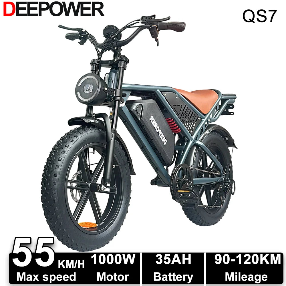 Deepower Electric Bike QS7 1000W 48V 60AH 20 Inch Fat Tire Ebike for Adults Mountain Off-Road Dual Batteries Electric Bicycle